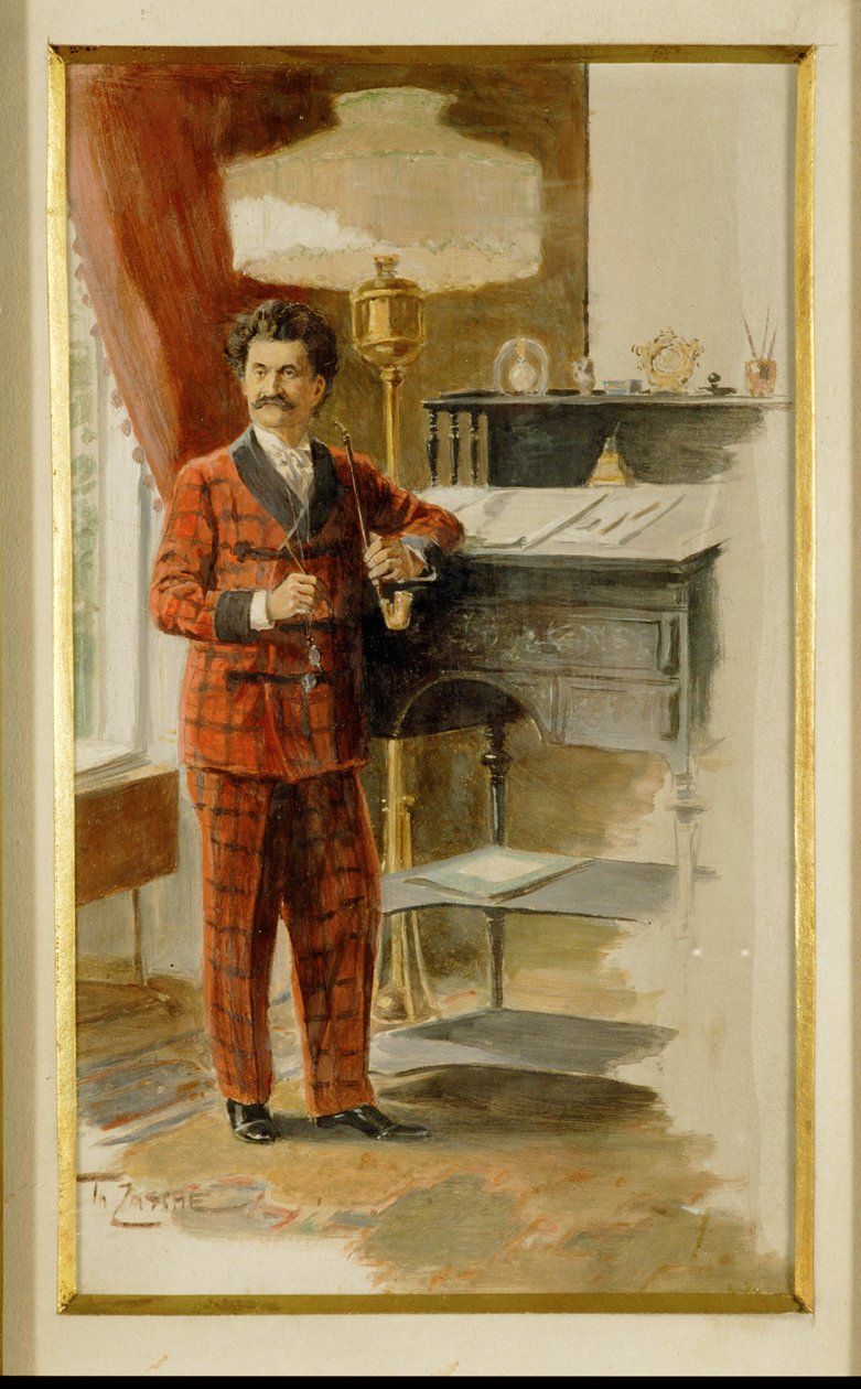 Johann Strauss zoon aan zijn hoge bureau in zijn studeerkamer ... (aquarel) door Heinrich Zasche