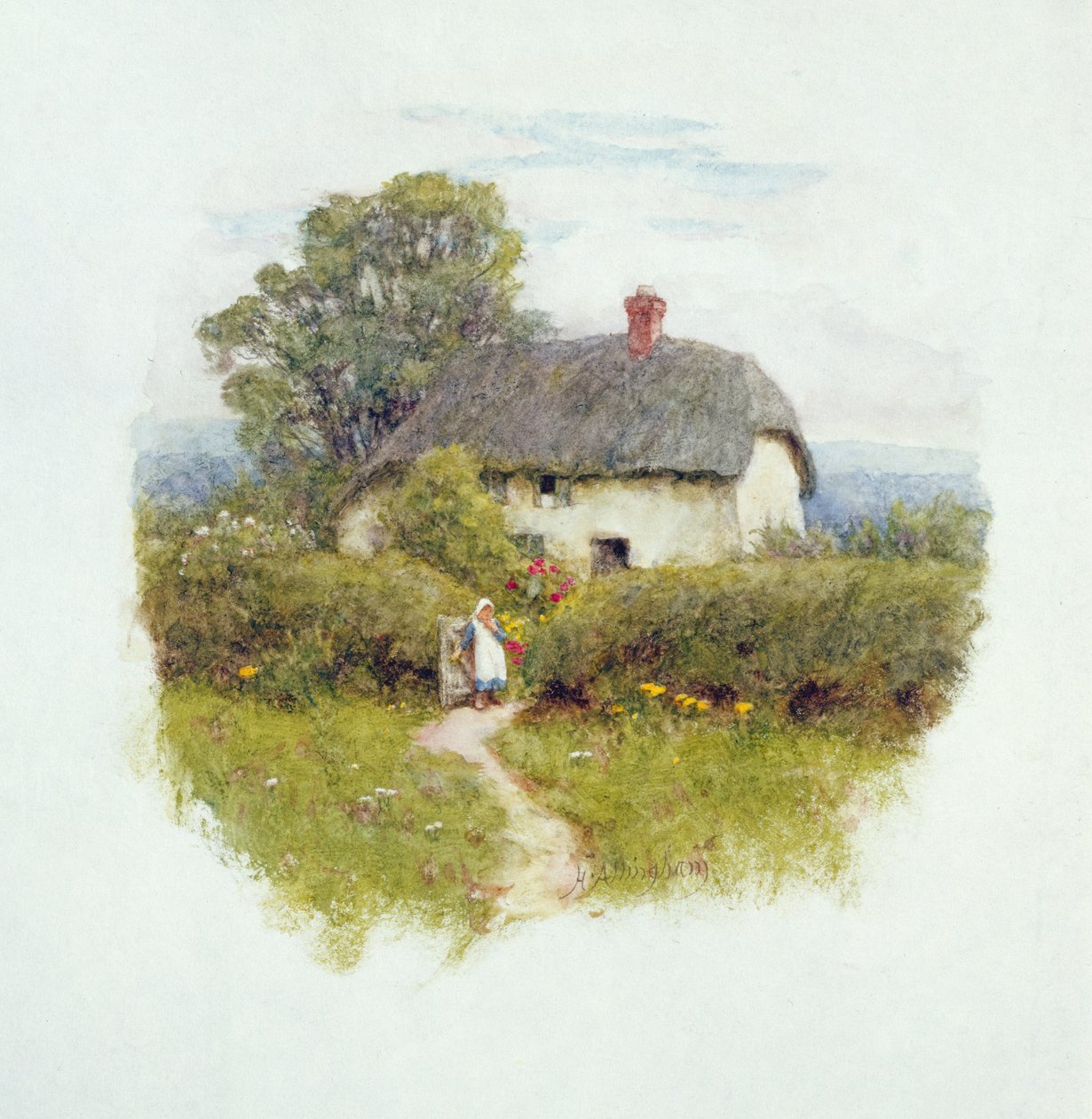 Jong meisje bij het tuinhek door Helen Allingham