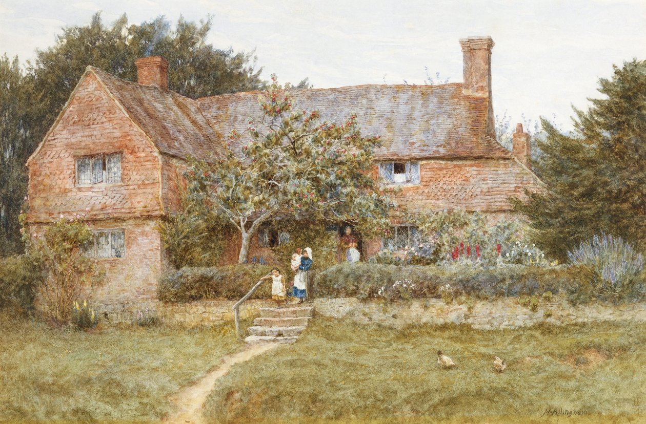 Een Surrey Cottage met een Moeder en haar Kinderen door Helen Allingham