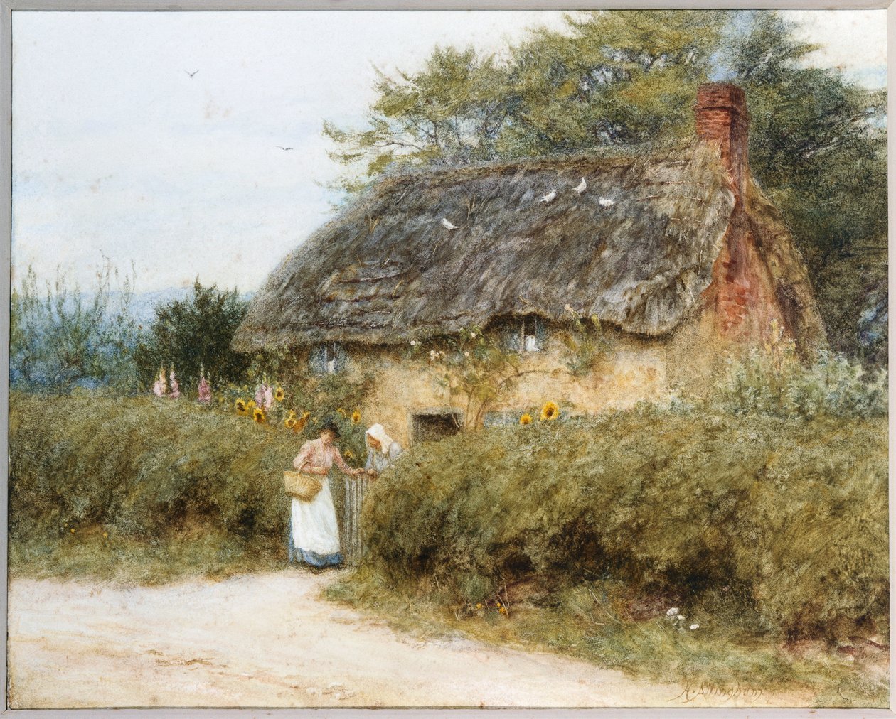 Een huisje met rieten dak bij Peaslake, Surrey door Helen Allingham