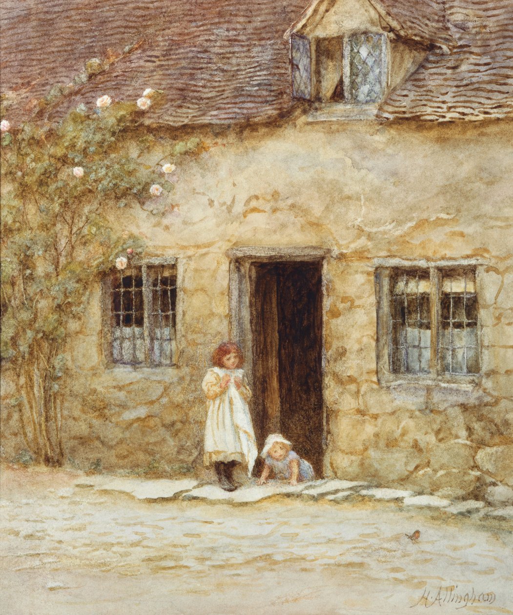 Bij de Deur van het Huisje door Helen Allingham