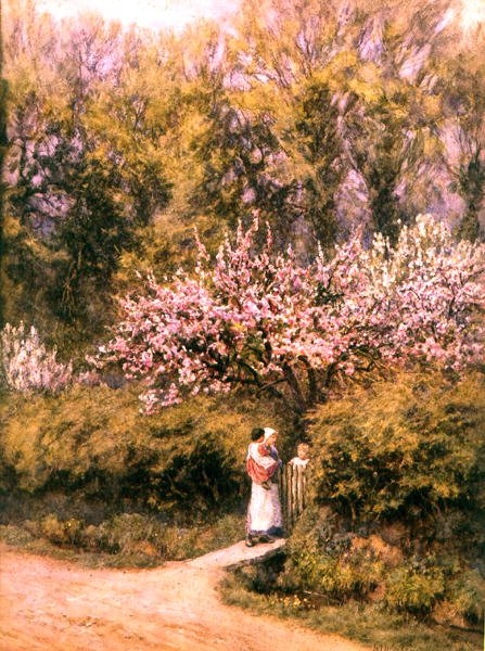 Bij de Cottagepoort - Bloesemtijd door Helen Allingham