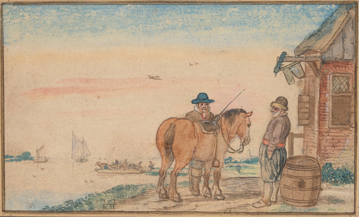 Een ruiter die met een man bij een herberg praat door Hendrick Avercamp