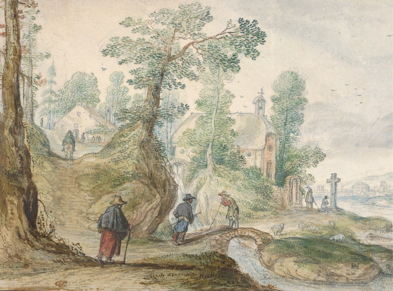 Een bebost rivierlandschap met een kerk en figuren, ca. 1613 door Hendrick Avercamp
