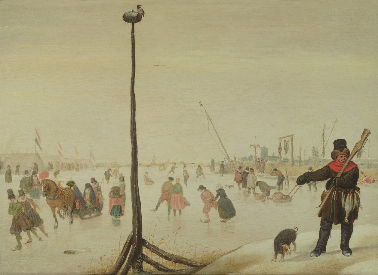 Een eendenjager en zijn hond in een winterlandschap door Hendrick Avercamp