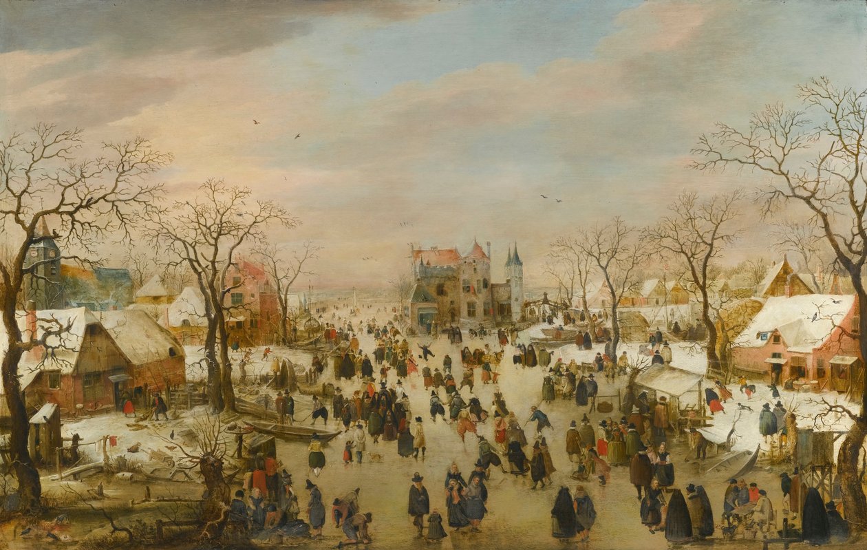 Een panoramisch winterlandschap met een veelheid aan figuren op een bevroren rivier door Hendrick Avercamp
