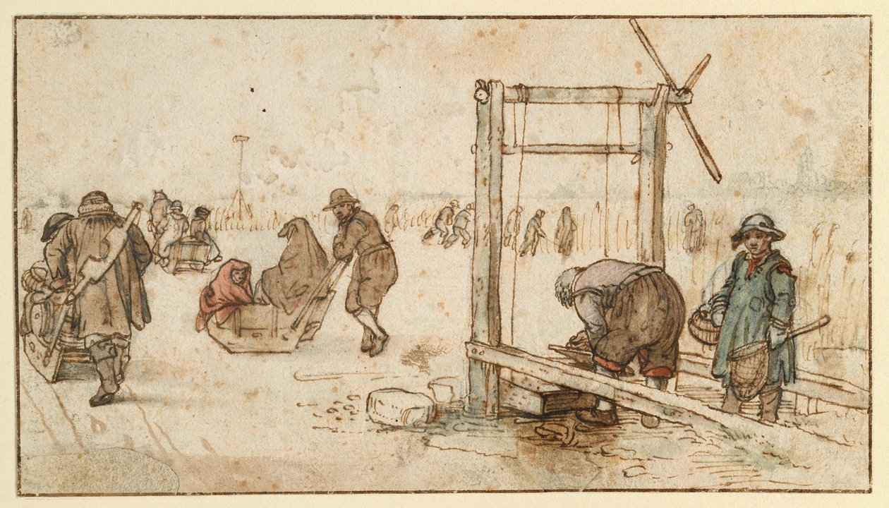 Drie sleden op het ijs door Hendrick Avercamp