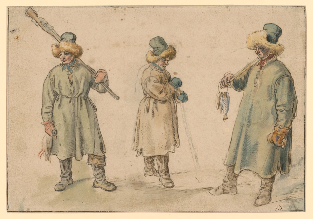 Drie studies van een boer in winterkleding door Hendrick Avercamp