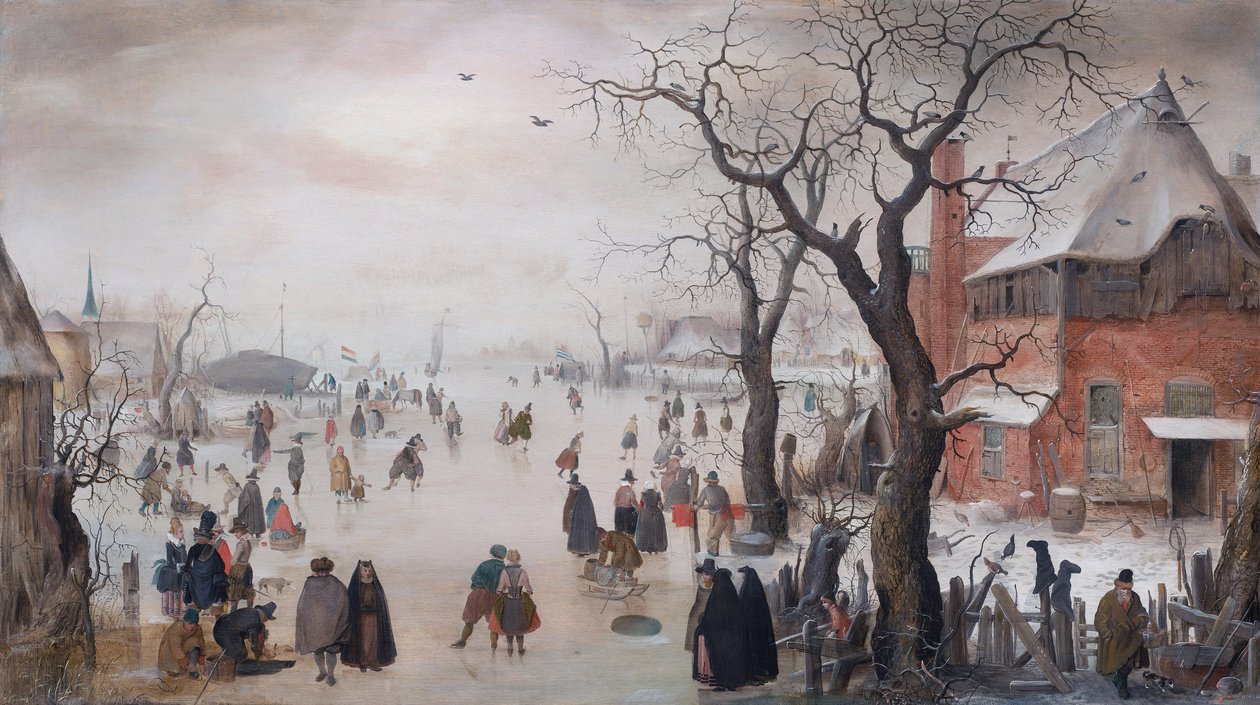 Dutch: Winterlandschap met schaatsers bij een dorp Winter Landscape with Skaters near a Village door Hendrick Avercamp