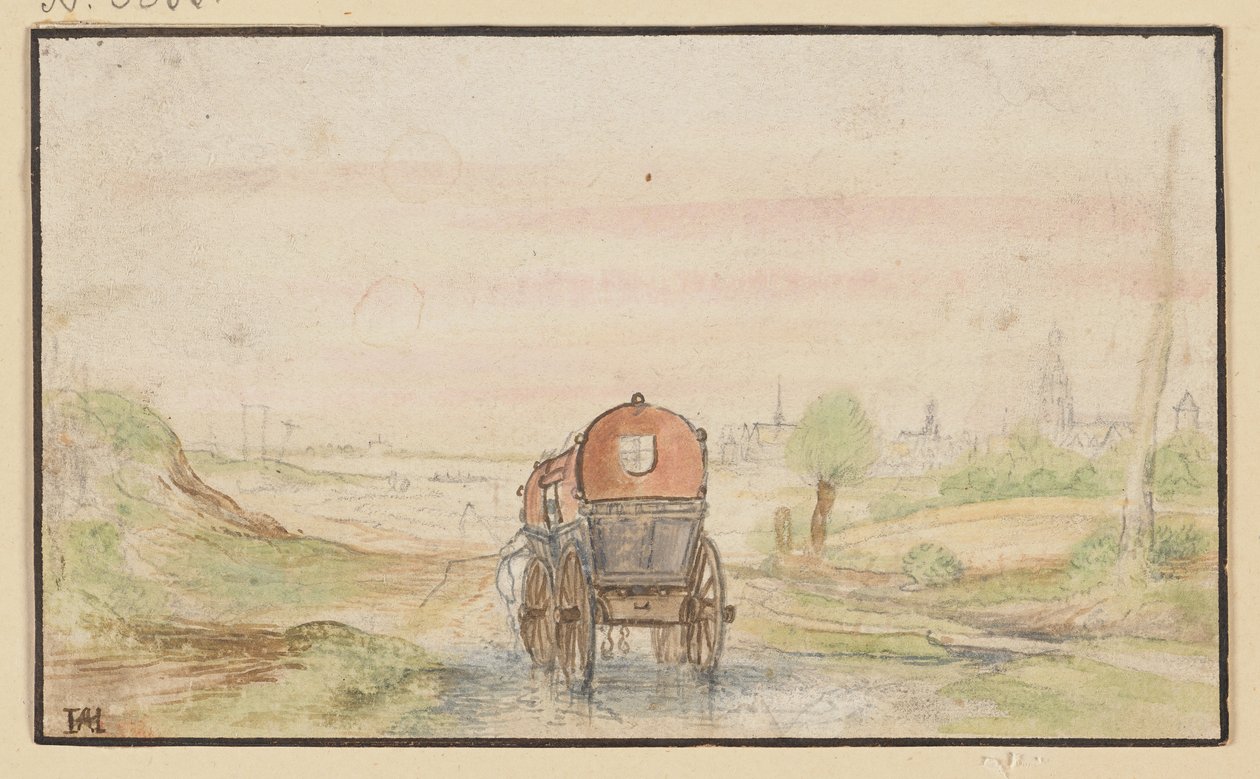 Landweg met een rode koets door Hendrick Avercamp