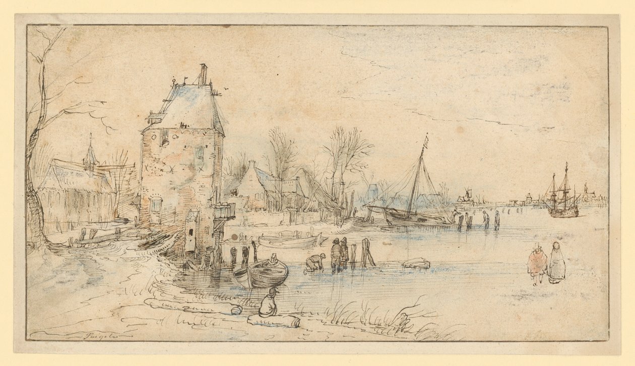 Dorp met een uitkijktoren en een kerk aan de oever van het meer door Hendrick Avercamp