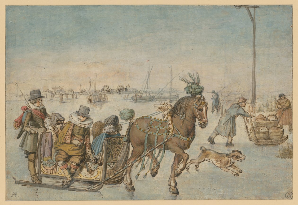 Paardenslee op het ijs door Hendrick Avercamp