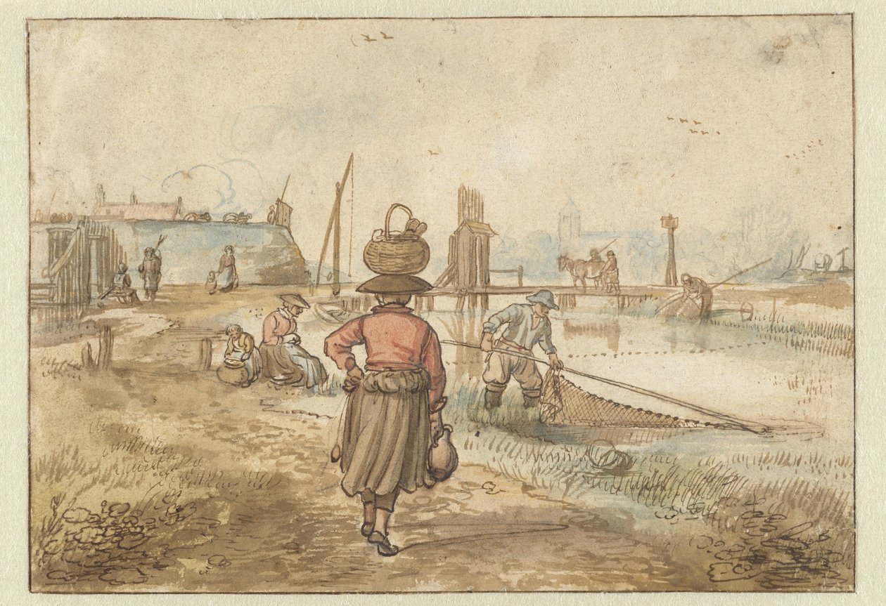 Rivierlandschap met een vrouw met een mand op haar hoofd, vissers en andere figuren bij de muren van een stad door Hendrick Avercamp