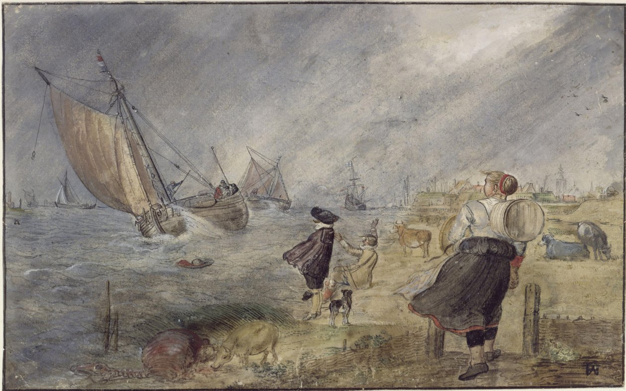 Oever van een meer in storm met figuren door Hendrick Avercamp