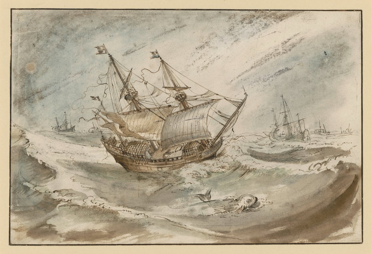 Stormachtige zee met groot zeilschip door Hendrick Avercamp
