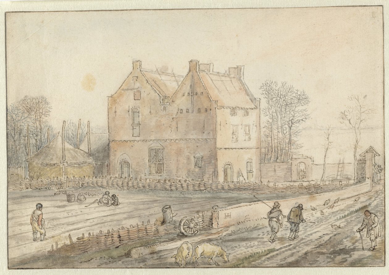 Gezicht op een landhuis met zaaigoed in het veld door Hendrick Avercamp