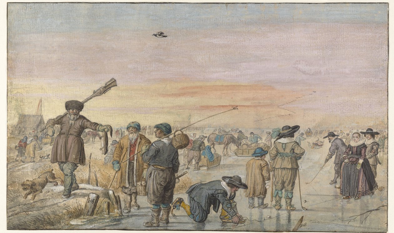 Winterscène op het ijs, met een jager die een otter toont door Hendrick Avercamp