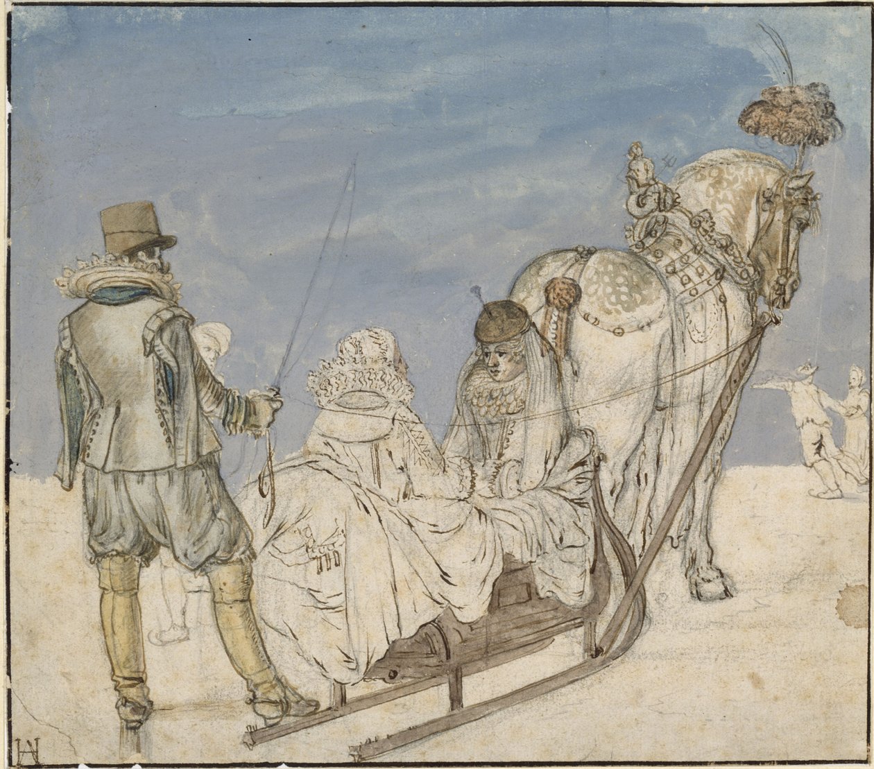 Winter: sleden op het ijs met twee dames en een heer door Hendrick Avercamp