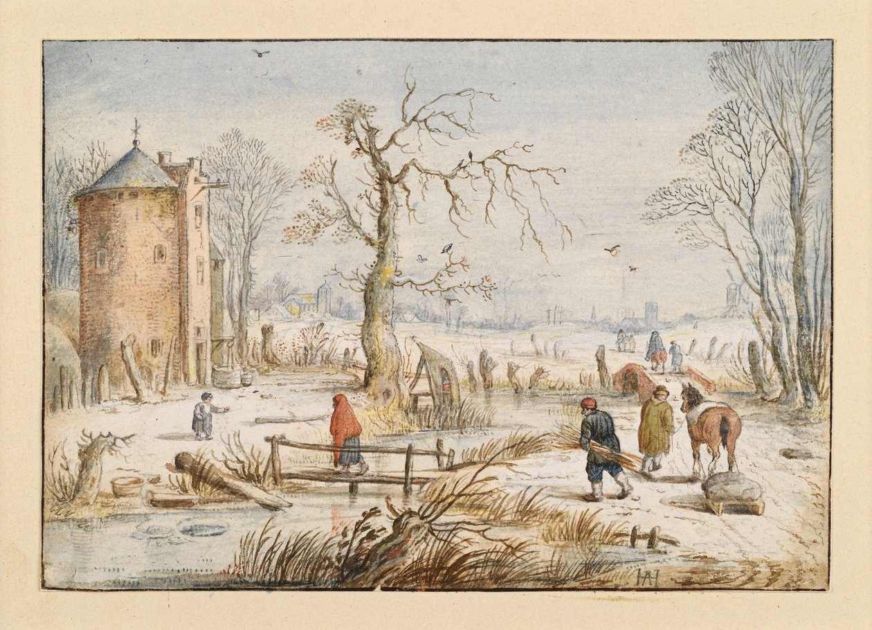 Winterlandschap met ronde toren door Hendrick Avercamp
