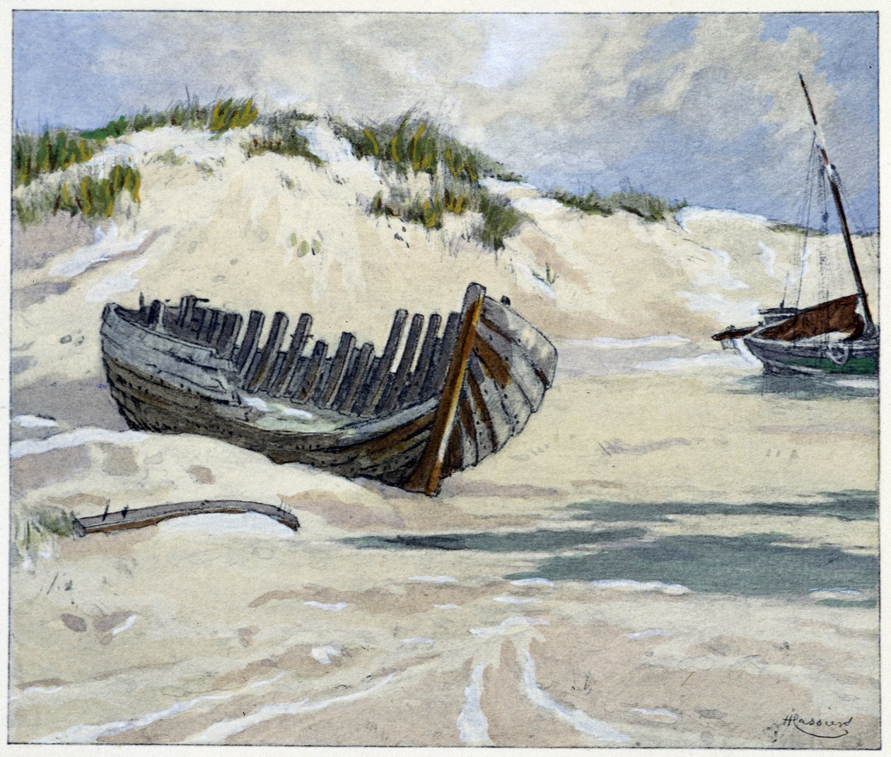 Fortuinen schepen op de duinen in "Garirlande des dunes", door Emile Verhaeren, geïllustreerd door H.Cassiers in Art-H.Piazza, Parijs 1927. door Hendrick Cassiers