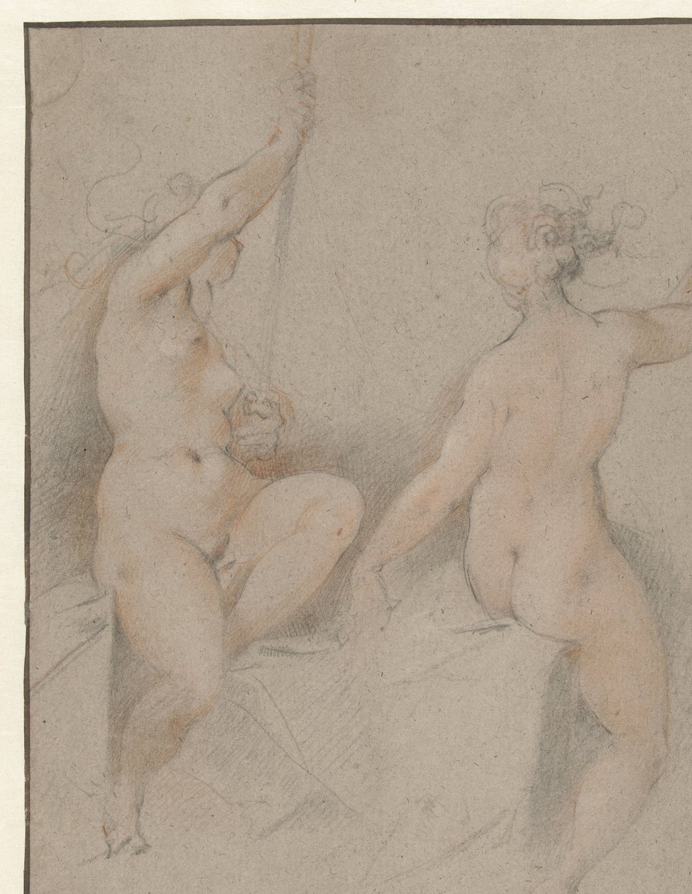 Twee zittende vrouwelijke naakten door Hendrick Goltzius (follower of)