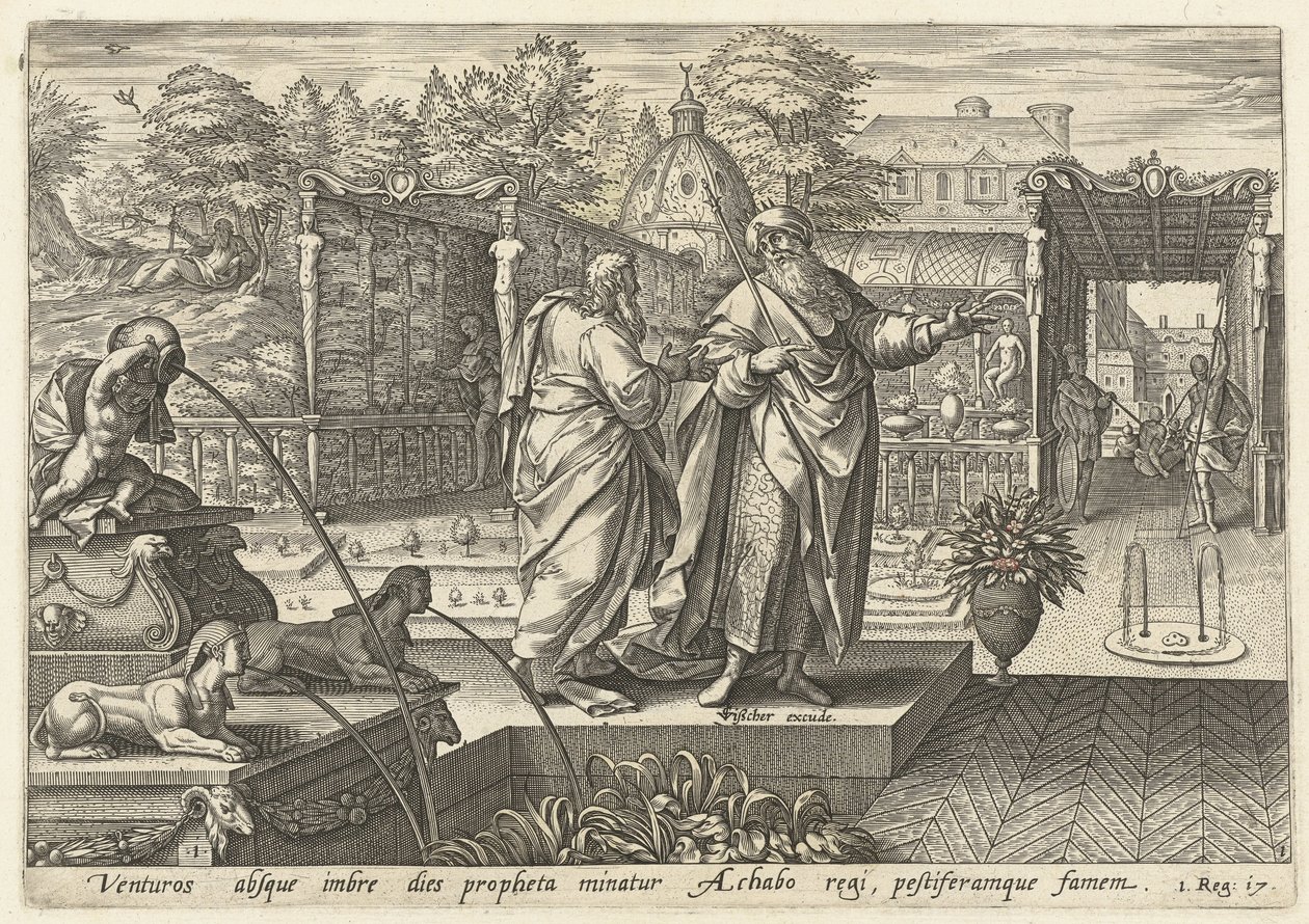 Elia voorspelt koning Achab dat er droogte zal komen door Hendrick Goltzius (rejected attribution)
