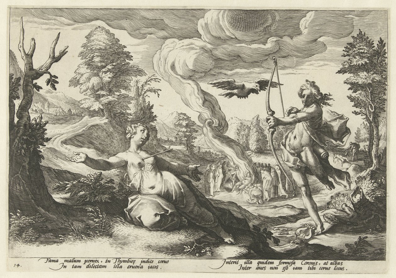 Apollo doodt Coronis door Hendrick Goltzius (workshop of)