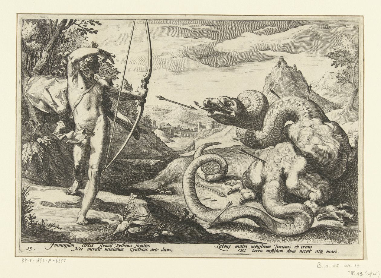 Apollo doodt de reuzenslang Python door Hendrick Goltzius (workshop of)