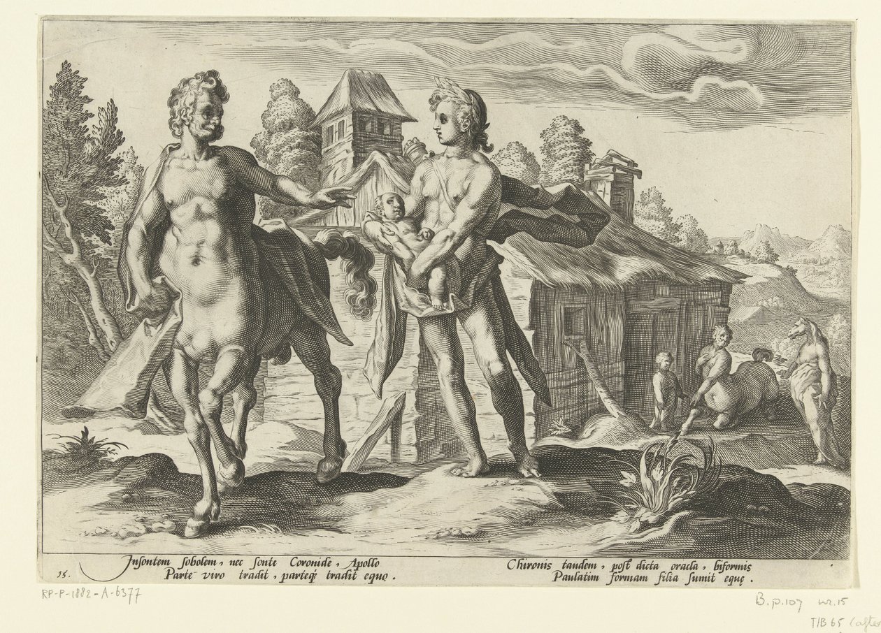 Apollo vertrouwt Asclepius toe aan Chiron door Hendrick Goltzius (workshop of)