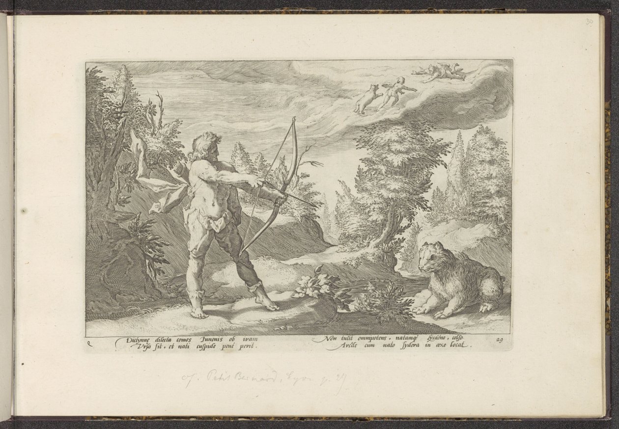 Arcas richt zijn pijl op Callisto door Hendrick Goltzius (workshop of)