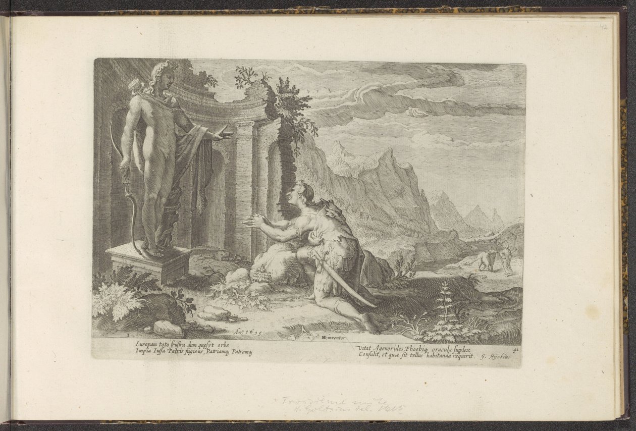 Cadmus vraagt het orakel van Delphi wat hem te doen staat nu hij zijn zuster Europa niet heeft kunnen vinden door Hendrick Goltzius (workshop of)