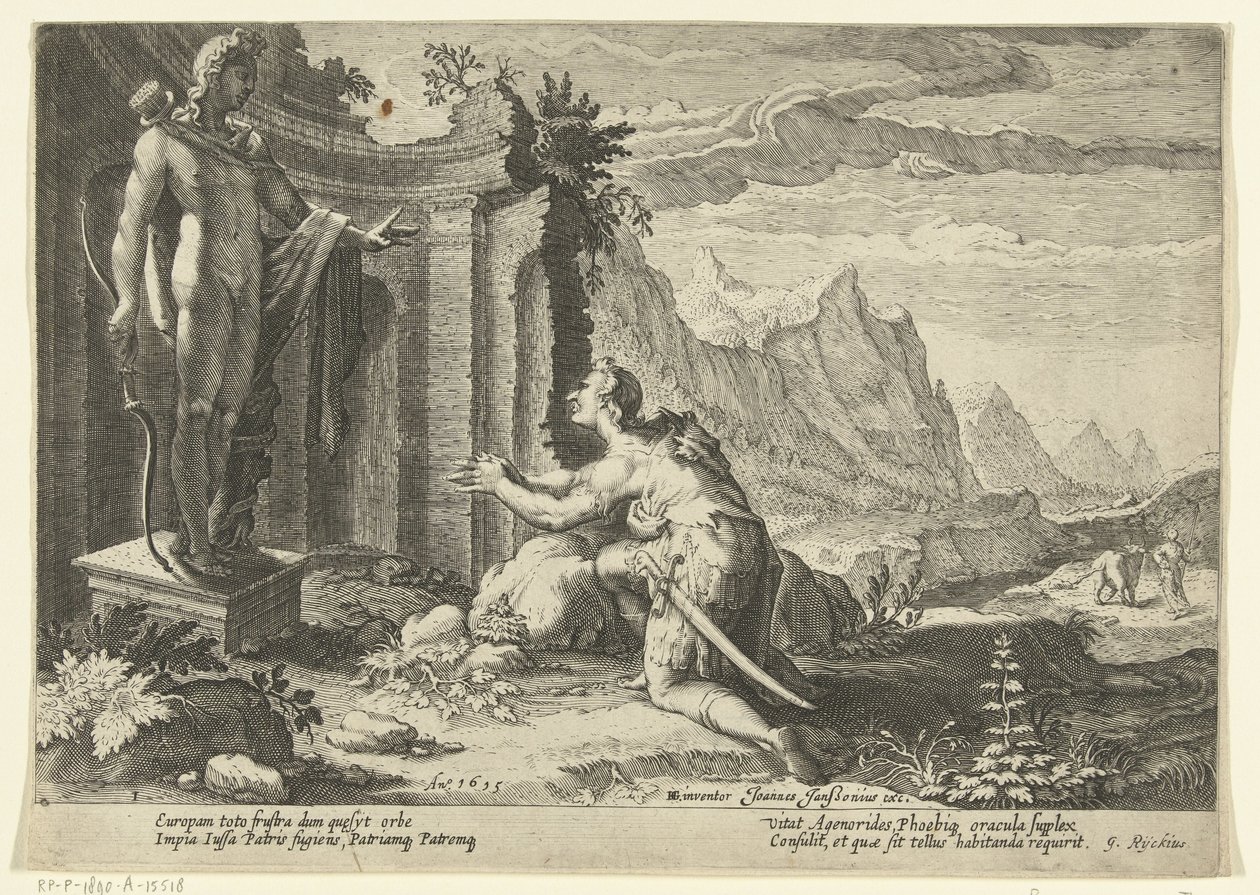 Cadmus vraagt het orakel van Delphi wat hem te doen staat nu hij zijn zuster Europa niet heeft kunnen vinden door Hendrick Goltzius (workshop of)