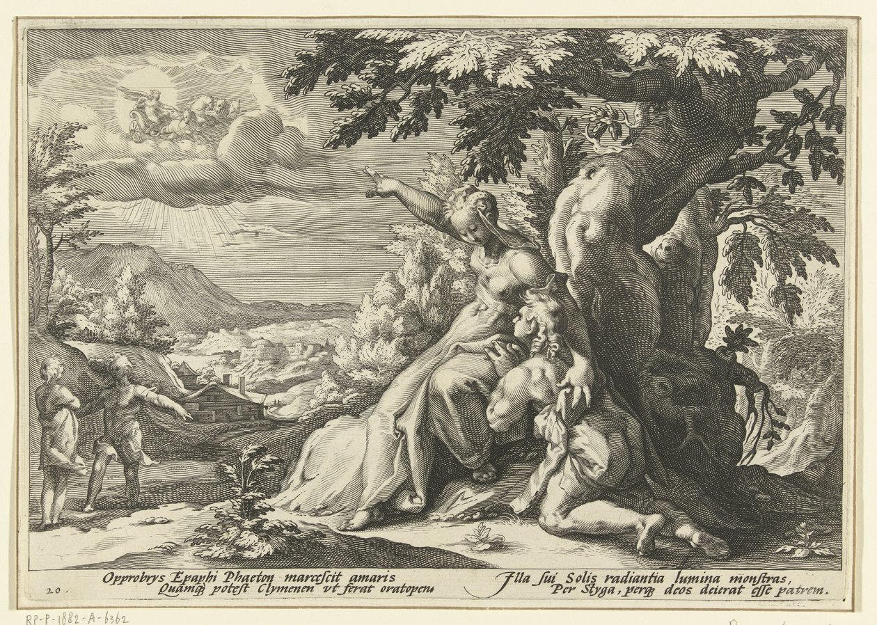 Clymene wijst Phaëthon zijn vader, de zonnegod door Hendrick Goltzius (workshop of)