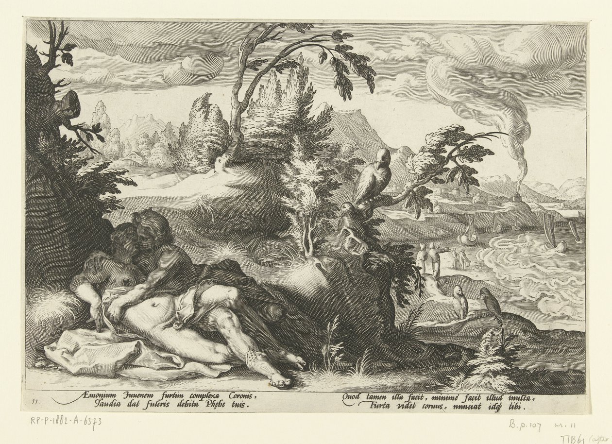 Corvus betrapt het meisje Coronis door Hendrick Goltzius (workshop of)