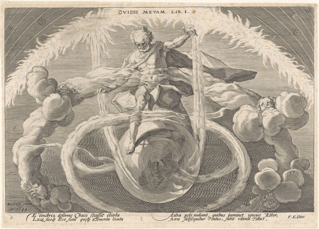 De schepping van de vier elementen, Metamorfosen van Ovidius (serietitel) door Hendrick Goltzius (workshop of)