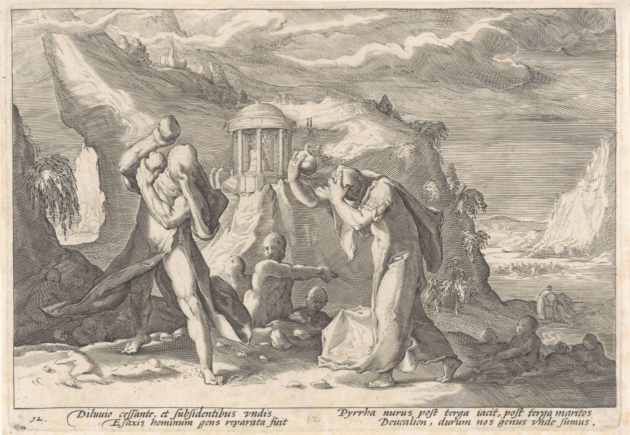 Deucalion en Pyrrha scheppen een nieuw mensenras (Metamorfosen van Ovidius) door Hendrick Goltzius (workshop of)