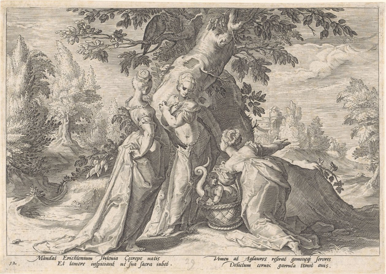 Dochters van Cecrops openen de mand van Minerva Metamorfosen van Ovidius door Hendrick Goltzius (workshop of)