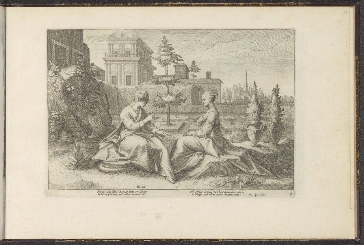 Juno benadert Semele in de gedaante van Beroë door Hendrick Goltzius (workshop of)