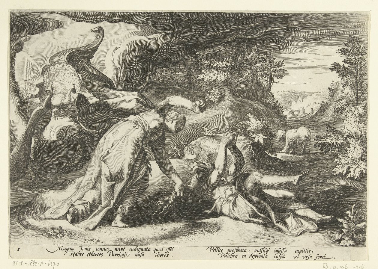 Juno verandert Callisto in een beer door Hendrick Goltzius (workshop of)