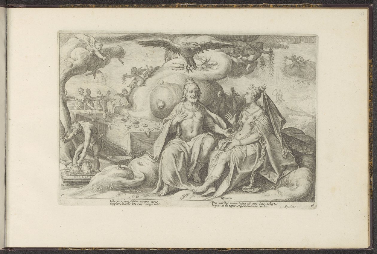 Jupiter en Juno discussiëren over de vraag bij welke van de seksen de lust in liefde groter is door Hendrick Goltzius (workshop of)