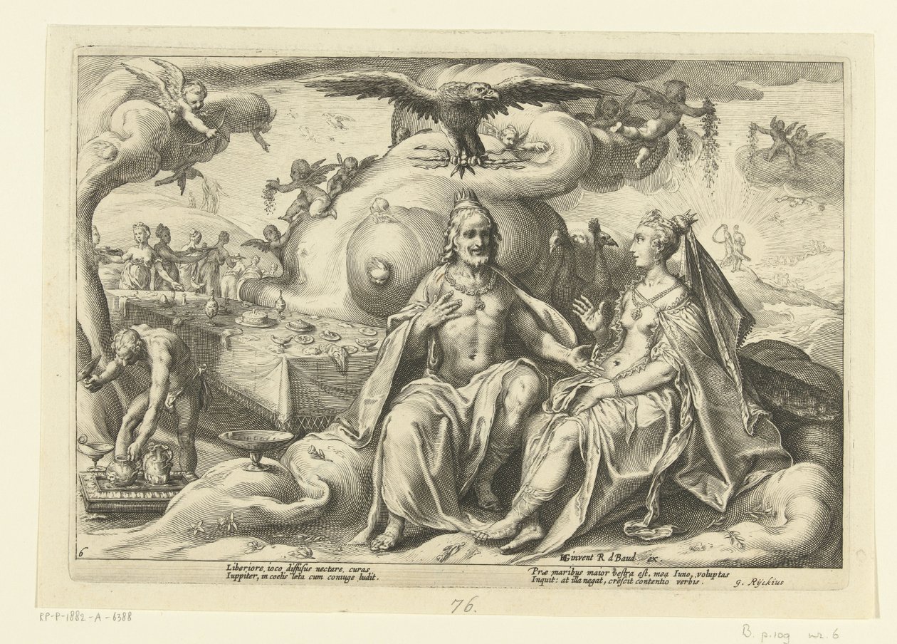 Jupiter en Juno discussiëren over de vraag bij welke van de seksen de lust in liefde groter is door Hendrick Goltzius (workshop of)