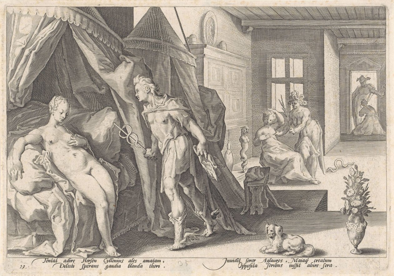 Mercurius bezoekt Herse door Hendrick Goltzius (workshop of)
