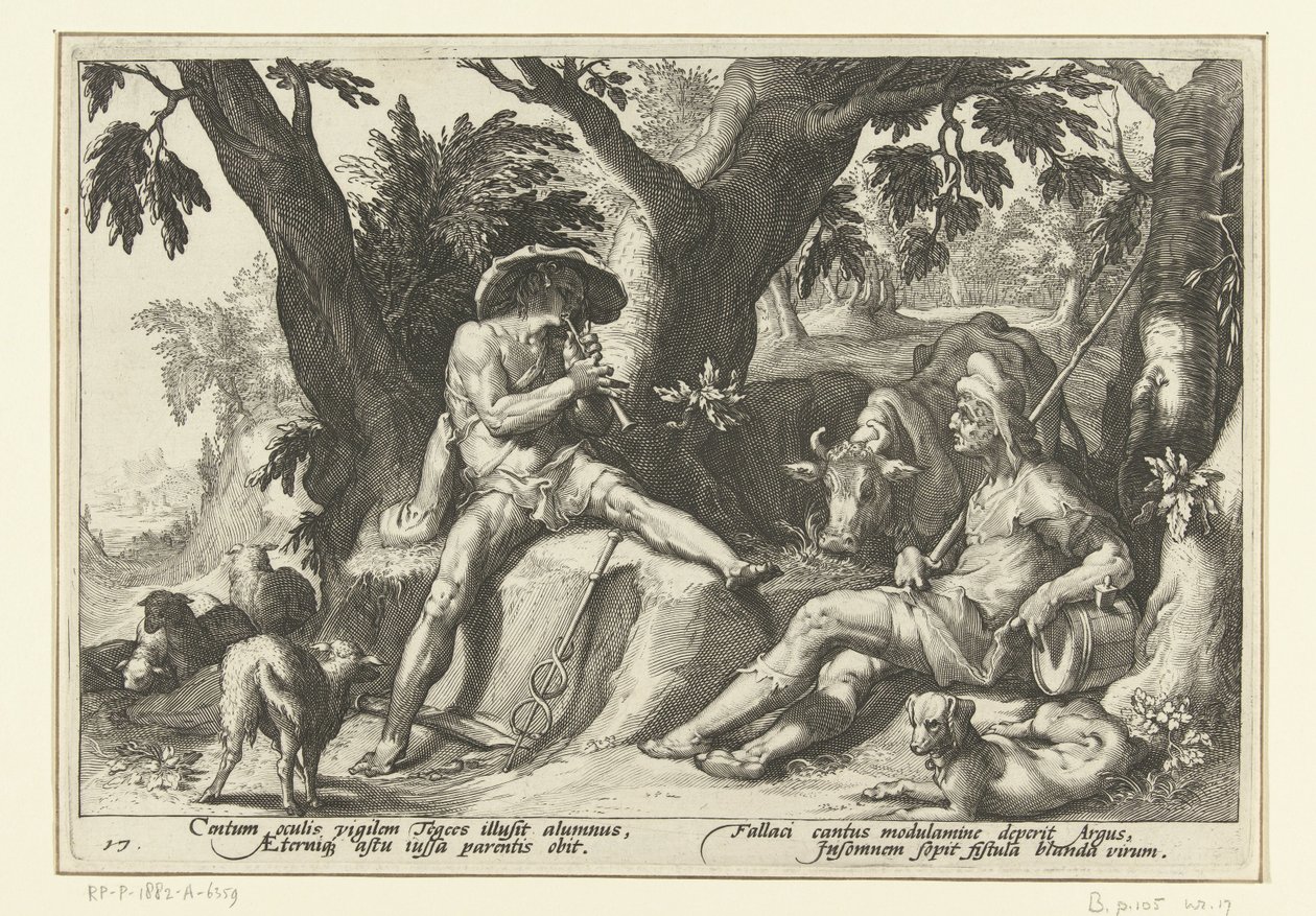Mercurius speelt fluit voor Argus door Hendrick Goltzius (workshop of)