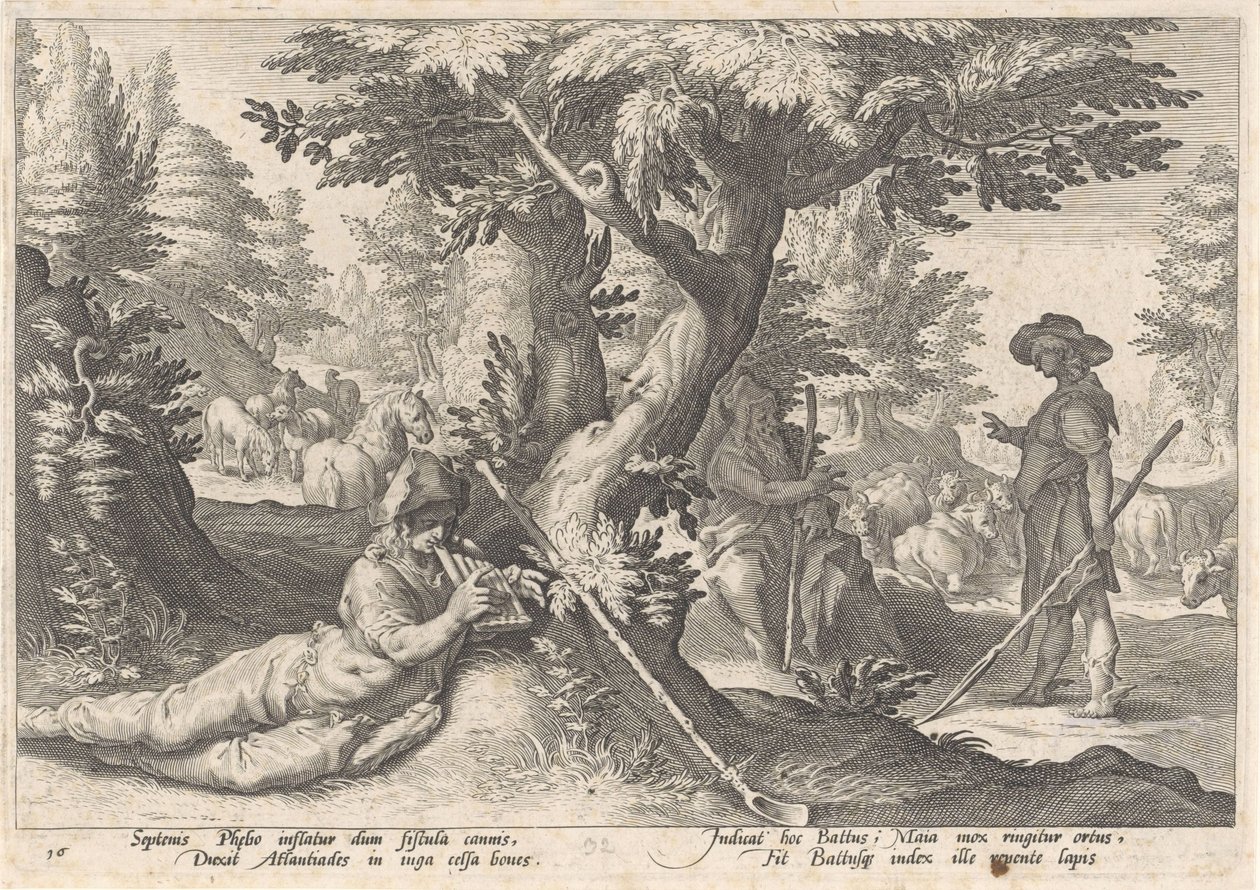 Mercurius verandert Battus in een steen door Hendrick Goltzius (workshop of)