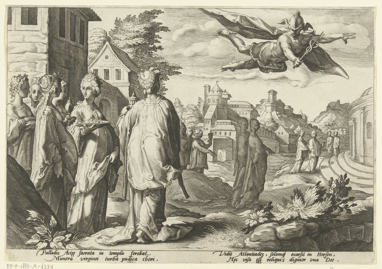 Mercurius wordt verliefd op Herse door Hendrick Goltzius (workshop of)