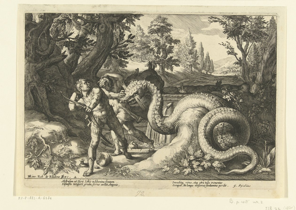 Metgezellen van Cadmus door een draak verslonden door Hendrick Goltzius (workshop of)