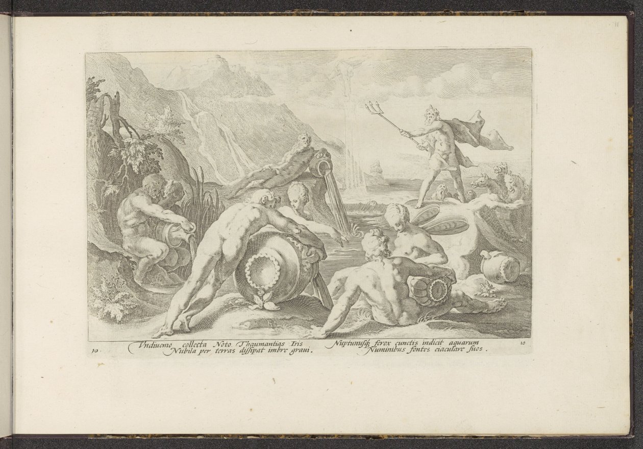 Neptunus en de riviergoden veroorzaken een zondvloed door Hendrick Goltzius (workshop of)