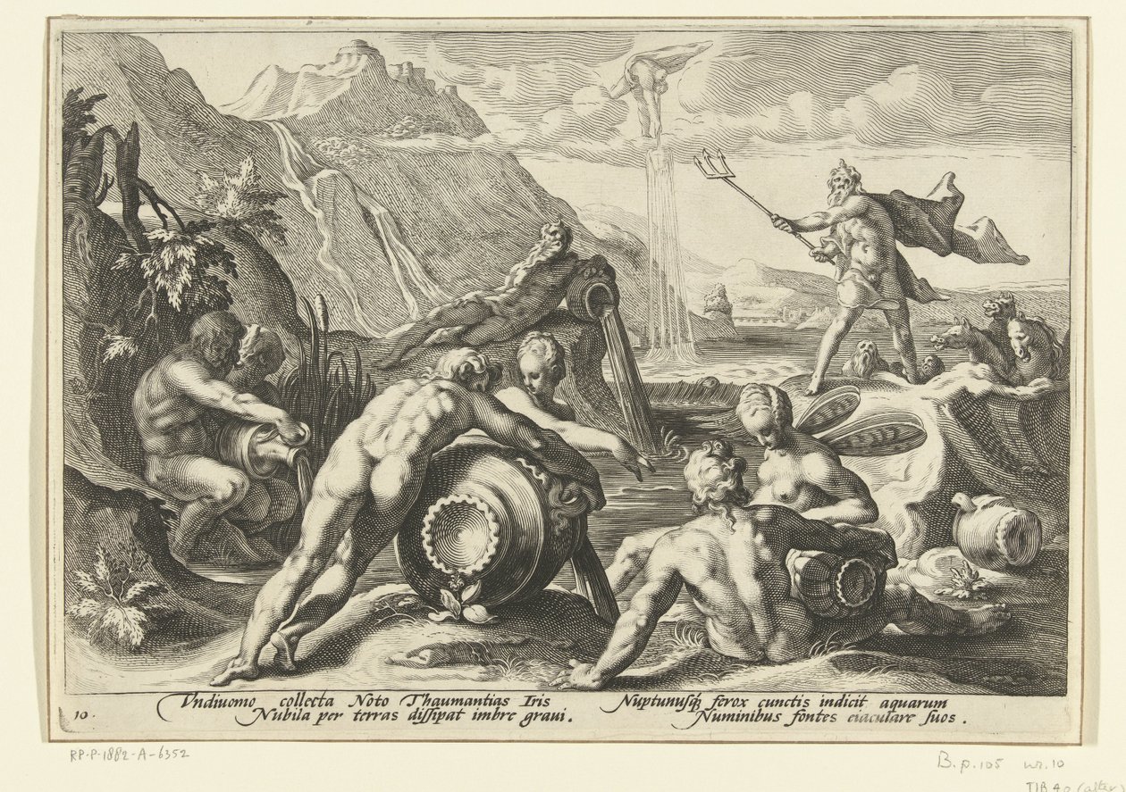 Neptunus en de riviergoden veroorzaken een zondvloed door Hendrick Goltzius (workshop of)