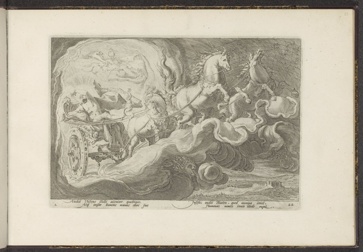 Phaëthon berijdt de wagen van zijn vader door Hendrick Goltzius (workshop of)