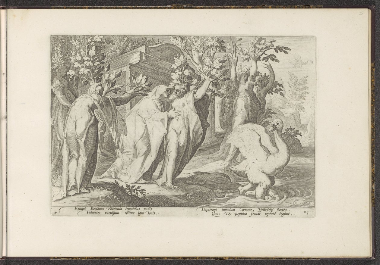 Phaëthons zussen veranderen in populieren en zijn vriend in een zwaan door Hendrick Goltzius (workshop of)